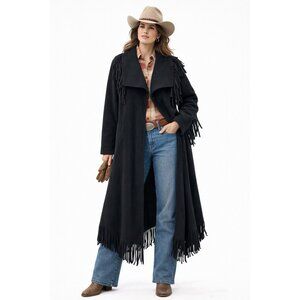 SUE BRETT maxi coat black fringe L XL fleece western southwestern outerwear